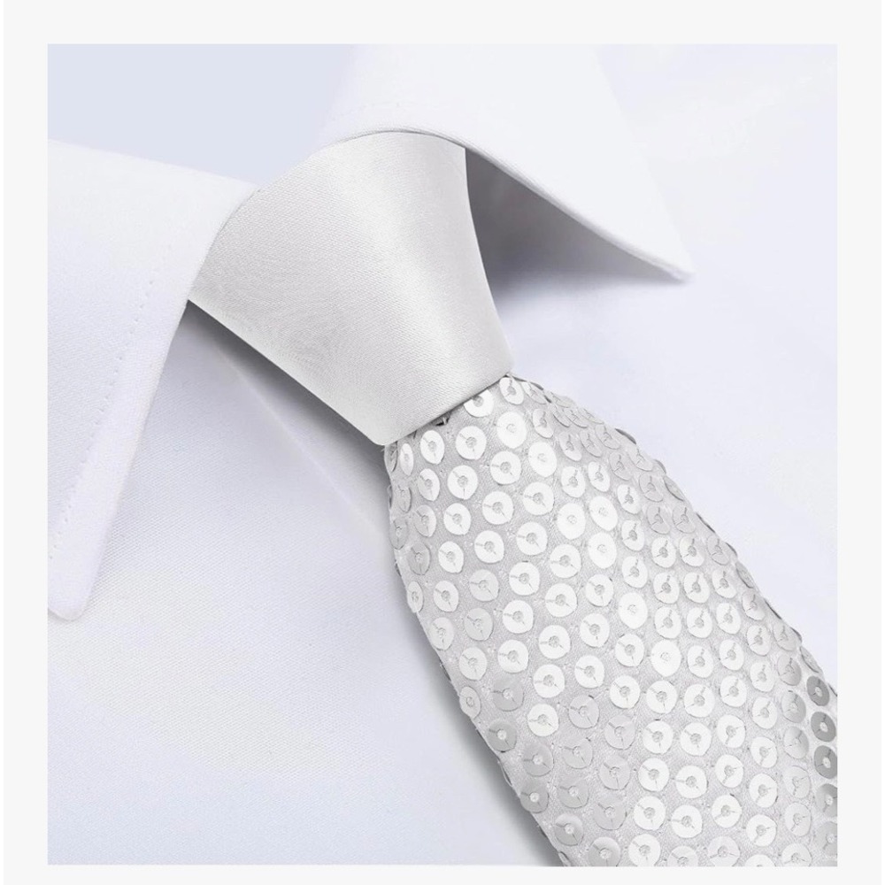 DiBanGu Mens White Sequin Necktie, Pocket Square Formal Wedding, Prom 59in